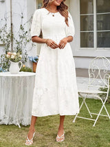 Textured women's midi dress with short sleeves and ruffles