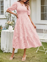 Textured women's midi dress with short sleeves and ruffles