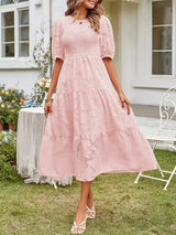 Textured women's midi dress with short sleeves and ruffles