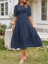 Textured women's midi dress with short sleeves and ruffles