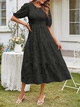Textured women's midi dress with short sleeves and ruffles