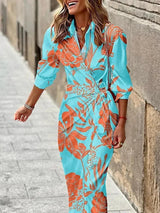 Women's long-sleeved wrap midi dress with geometric print