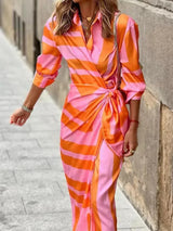 Women's long-sleeved wrap midi dress with geometric print