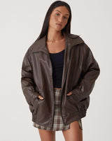Women's Oversized PU Bomber Jacket - Dark Brown Streetstyle